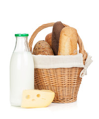 Picnic basket with bread, cheese and milk bottle © evgeeenius