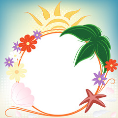Fototapeta na wymiar sfondo estate palma fiori e conchiglie
