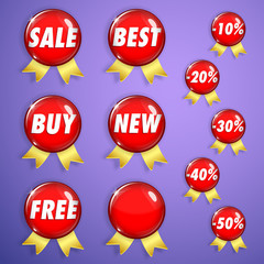 Set of red shiny badges with ribbons on sale