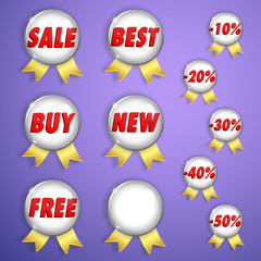 Set of white shiny badges with ribbons on sale