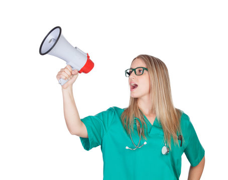 Atractive medical girl with a megaphone