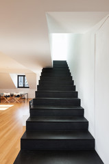 interior, beautiful loft, hardwood floor, view staircase black