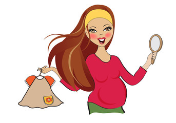 happy pregnant woman at shopping, isolated on white background