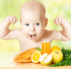strong and healthy baby fresh fruit meal and juice glass