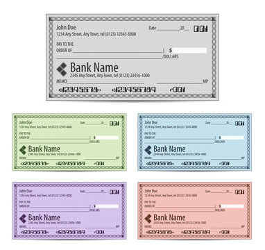 Vector illustration of blank bank checks in different colors