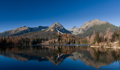 Panorama of High Tatras mirrored in Strbske pleso, Slovakia