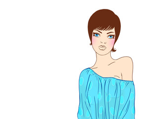 Beautiful woman in blue linen on white