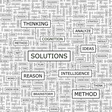 SOLUTIONS. Word cloud concept illustration.  