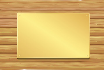 Golden plate on wooden background. Vector