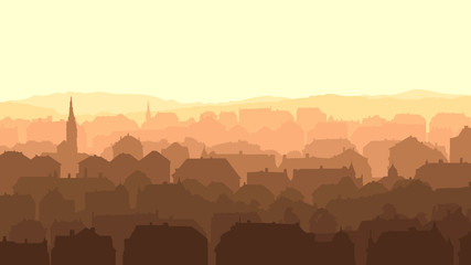 Horizontal illustration of big European city at sunset.