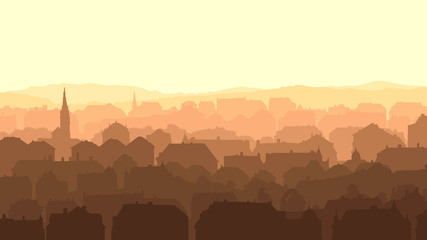 Horizontal illustration of big European city at sunset. © vertyr