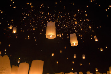 Floating asian lanterns in Yee-Peng festival ,Chiang Mai Thailan
