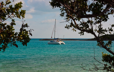 Fototapeta na wymiar Catamaran Sailboat in the Bahamas