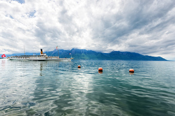 Panorama of Geneva lake with steamboat, Montreux - 52868027