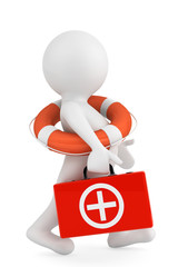 3d person with lifebuoy ring and first aid box
