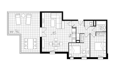 three-room apartment black and white drawing