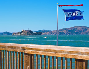 Alcatraz Island from Pier 39 in San Francisco California USA