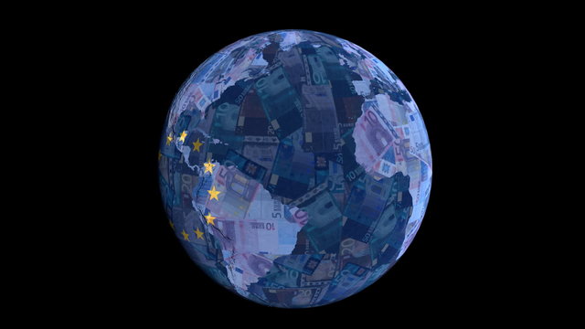 EU flag globe with currency animation