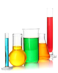 Test tubes with colorful liquids isolated on white
