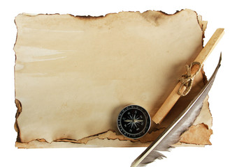 Old paper, scrolls and compass isolated on white