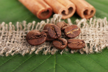Coffee grains and cinnamon on sackcloth on green leafs close-up