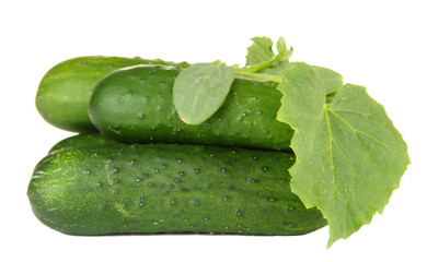 Tasty green cucumbers, isolated on white