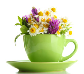 Beautiful wild flowers and mint in cup, isolated on white