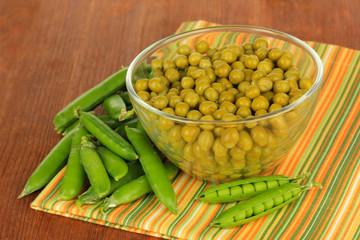 Green peas on wooden background