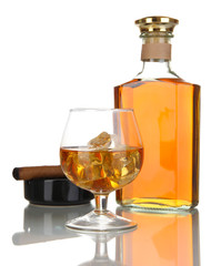 Brandy with ice and cigar isolated on white