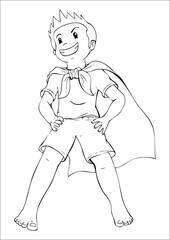 Outline illustration of a kid playing a superhero