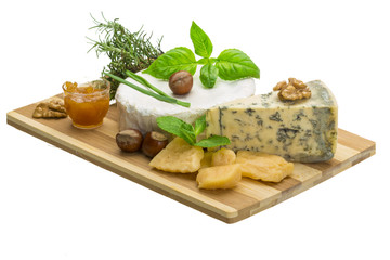 Assorted cheese - brie, dor blue and hard old yellow cheese