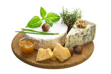 Assorted cheese - brie, dor blue and hard old yellow cheese