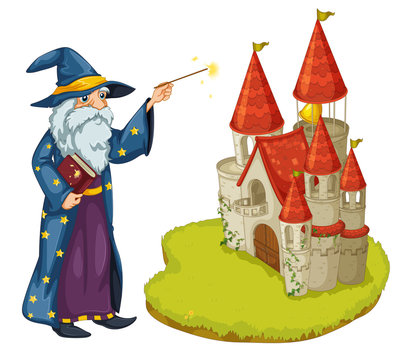 A wizard holding a book and a magic wand in front of the castle