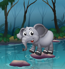 An elephant crossing the river by means of the big stones