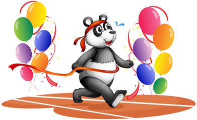 A panda running with colorful balloons