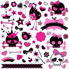 girlish pink and black cute skulls and other elements