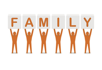 Men holding the word family. Concept 3D illustration.