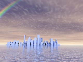 3D abstract modern city on beautiful seascape with rainbow