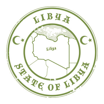 Grunge rubber stamp with the name and map of Libya, vector