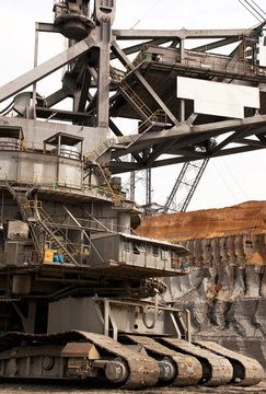 Close-up of a bucket-wheel excavator in a brown-coal mine