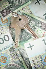 House keys on a background of banknotes