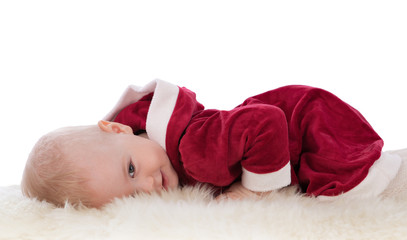 Small girl dressed as Santa, insulation.