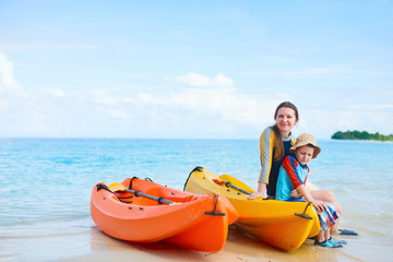 Mother and son kayaking