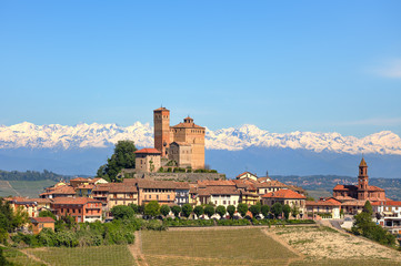 Fototapeta na wymiar Małe miasto z zamku na wzgórzu w Piemoncie, we Włoszech.