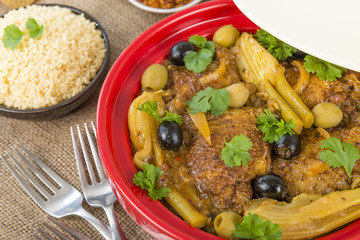 Moroccan chicken tagine with olives, preserved lemon and fennel.