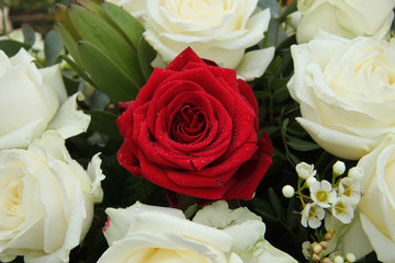 Red rose in bridal arrangement