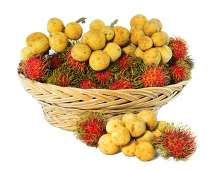 Tropical Fruit, Long Kong and rambutan On A White Background