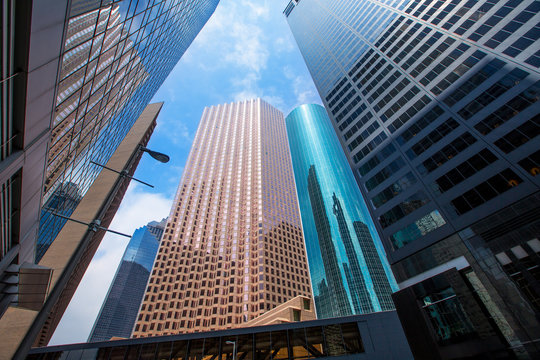 Houston downtown skyscrapers disctict blue sky mirror