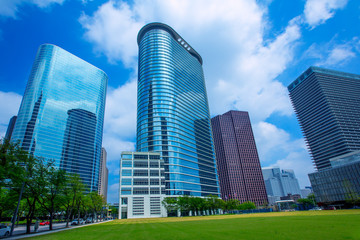 Houston downtown skyscrapers disctict blue sky mirror