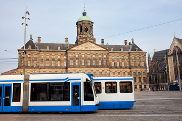 Fototapeta na wymiar Royal Palace and Trams in Amsterdam